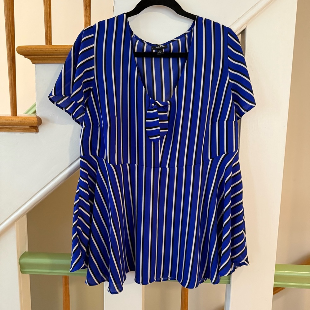 Torrid Blue and White Tie Front Peplum Blouse